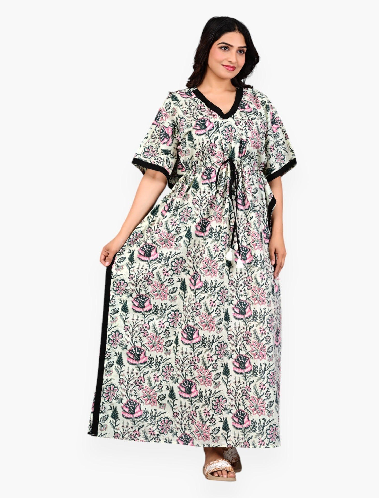 Green Cream Cotton Floral Long Kaftan