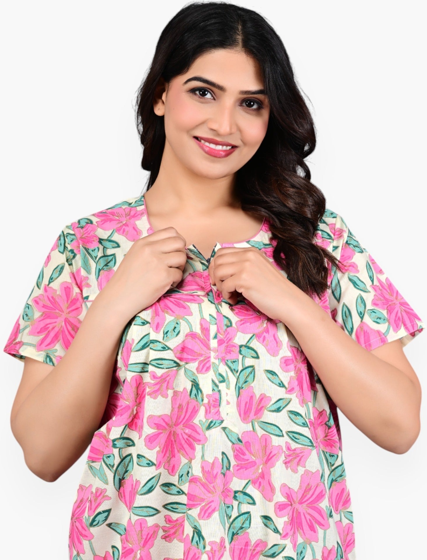 Pink Floral Cotton Comfortable Night Gown