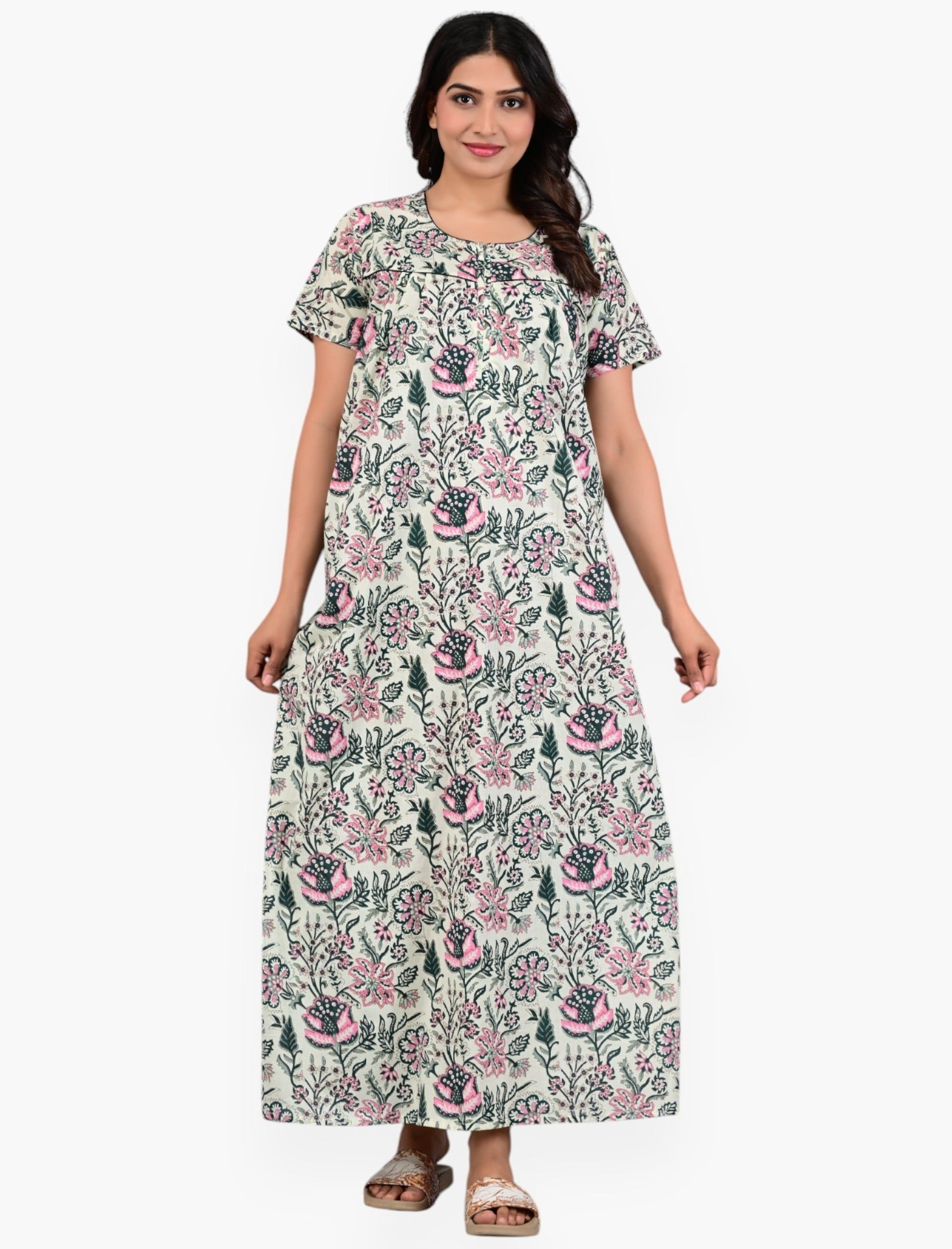 Green Cream Floral Cotton Comfortable Night Gown