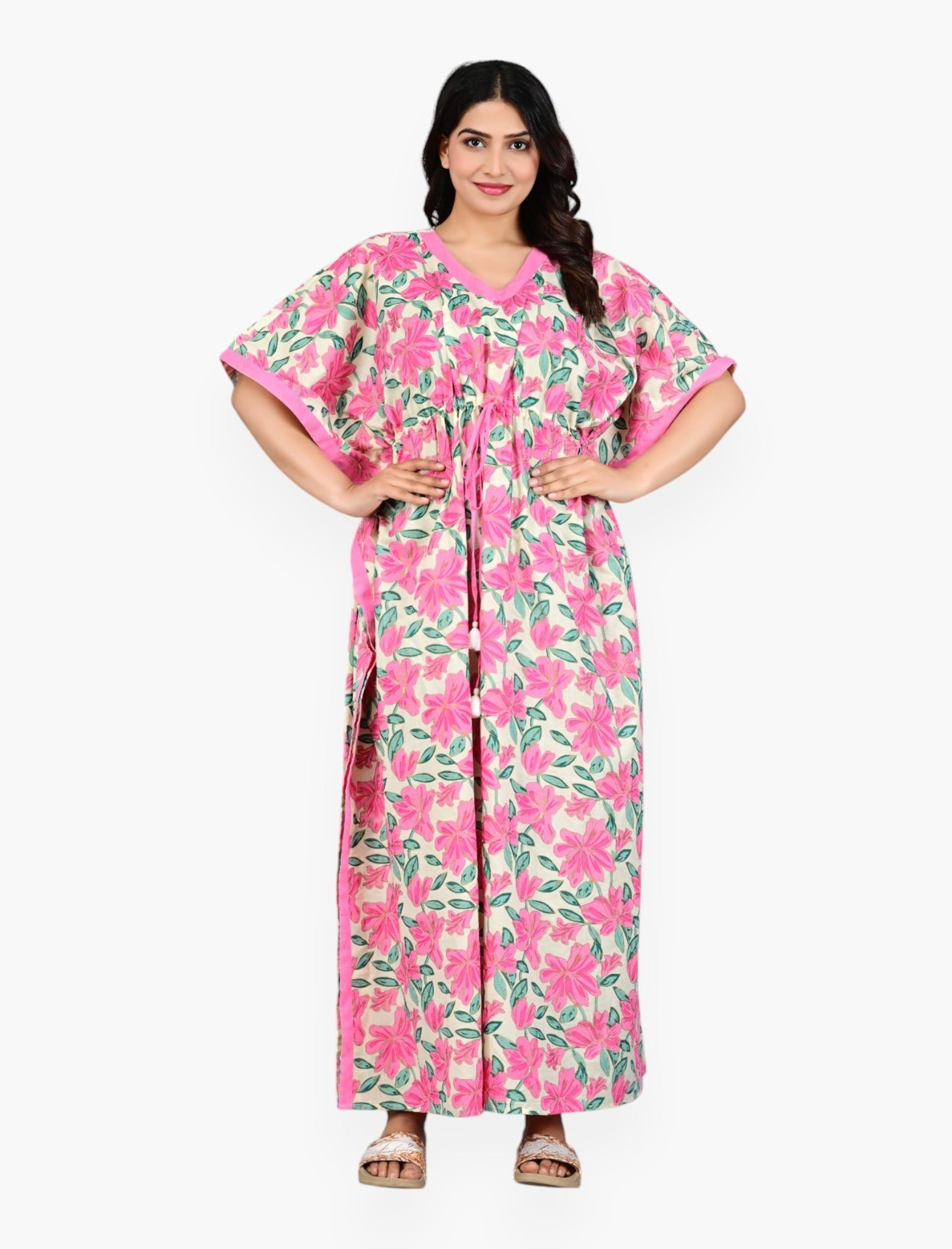 Pink Cream Cotton Floral Long Kaftan