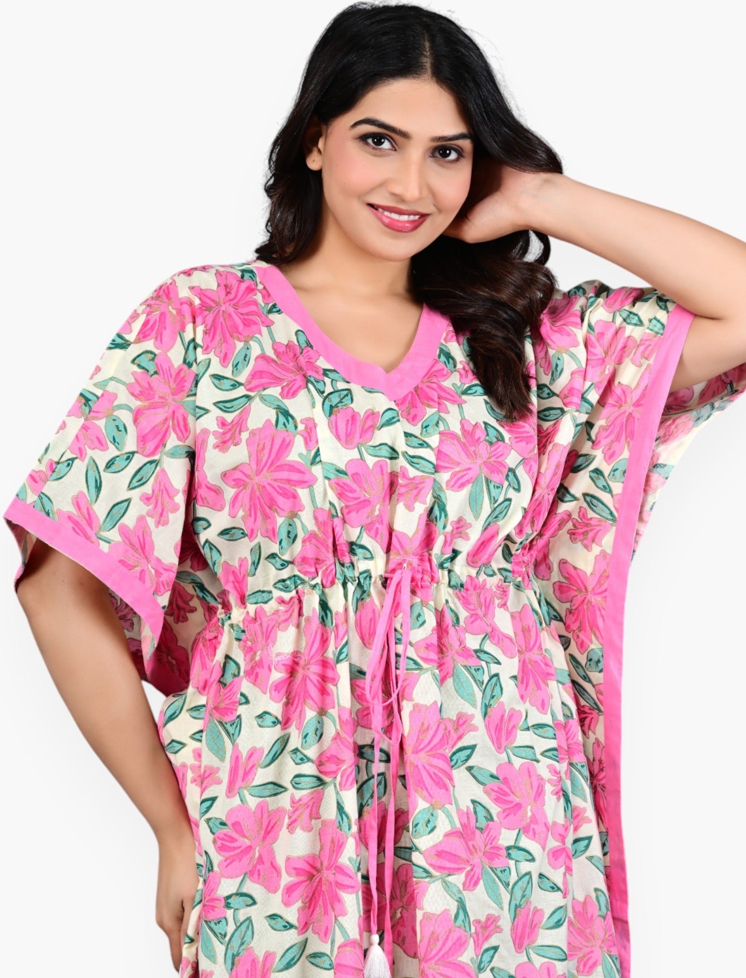 Pink Cream Cotton Floral Long Kaftan