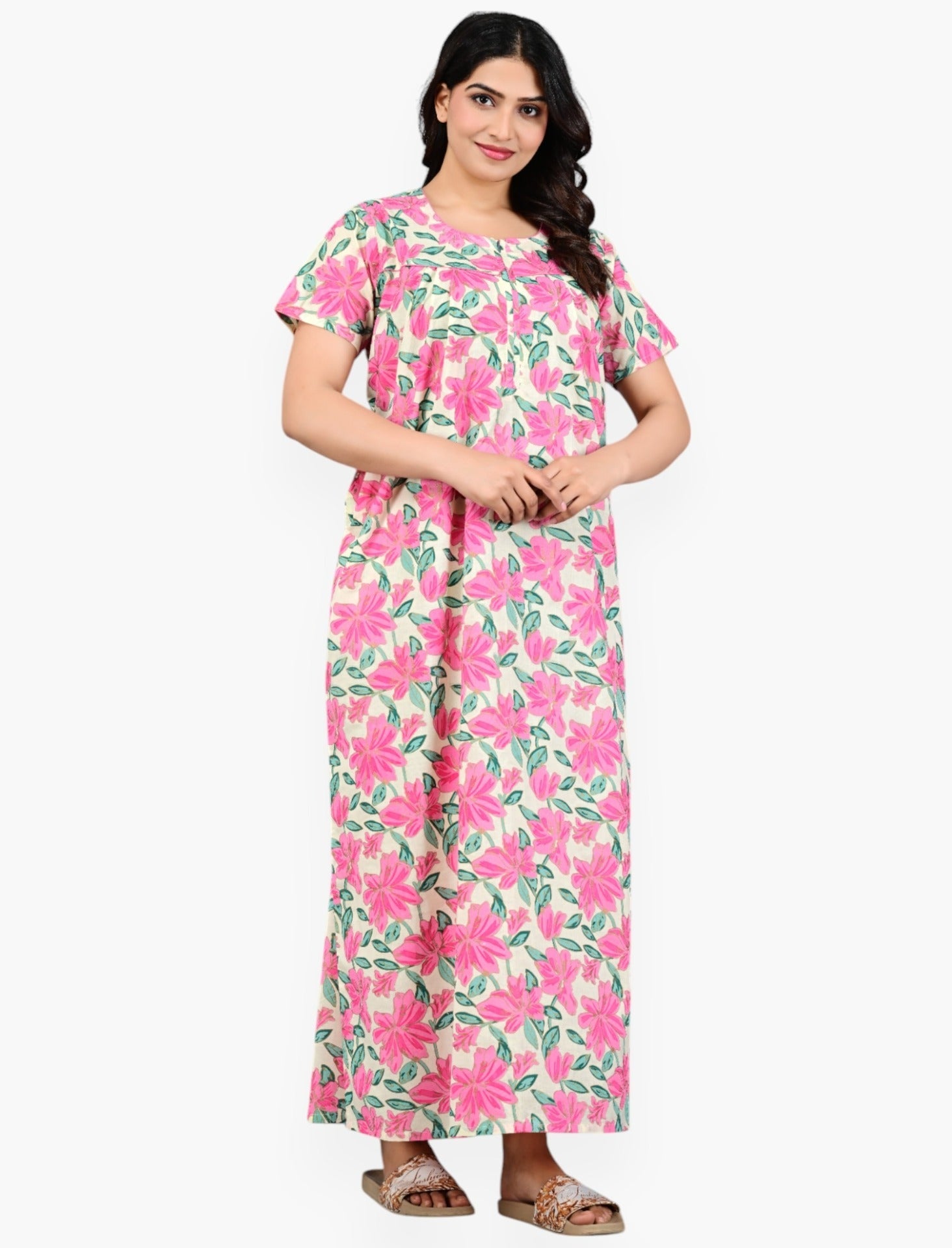 Pink Floral Cotton Comfortable Night Gown