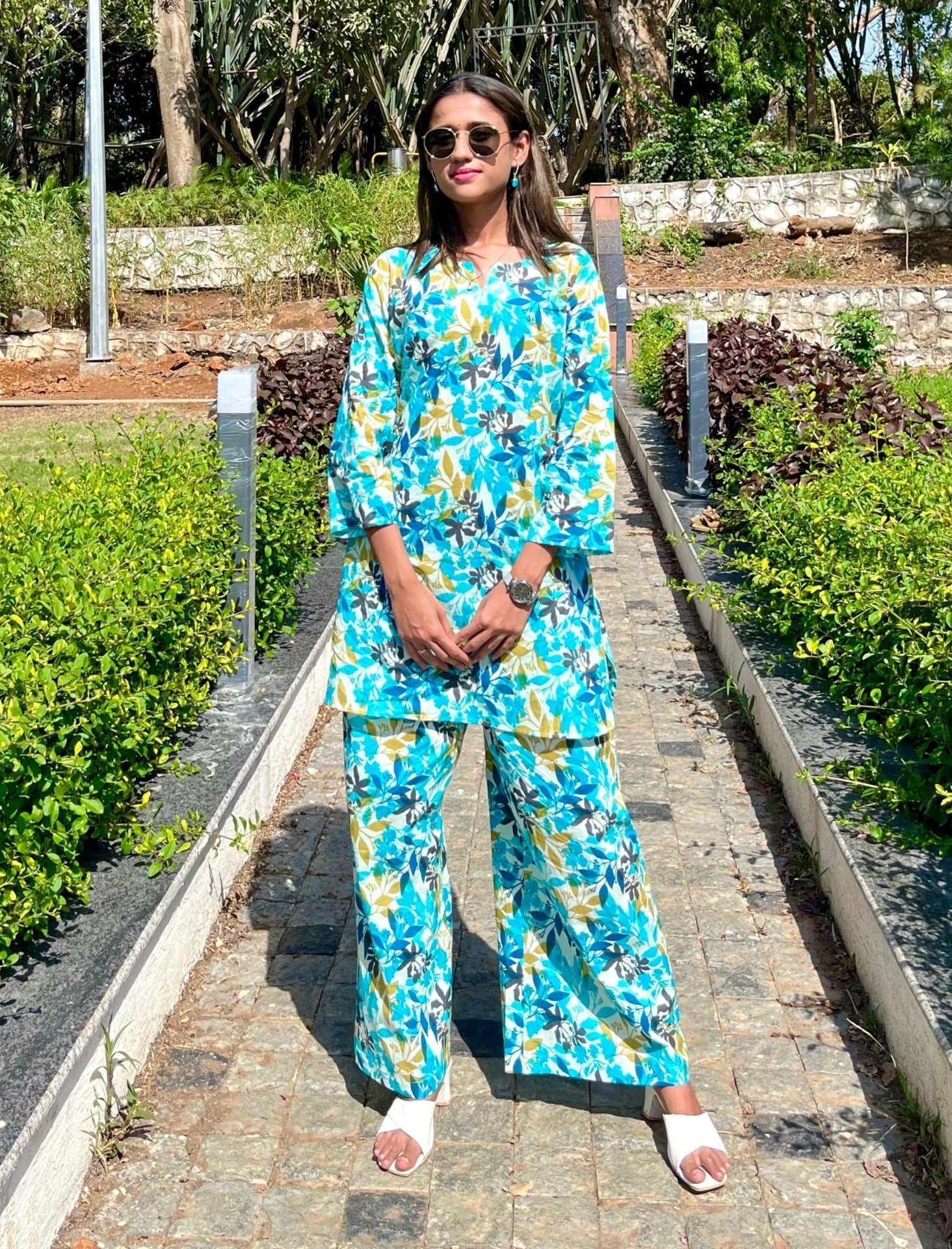 Turquoise Pure Cotton Printed Co Ord Set